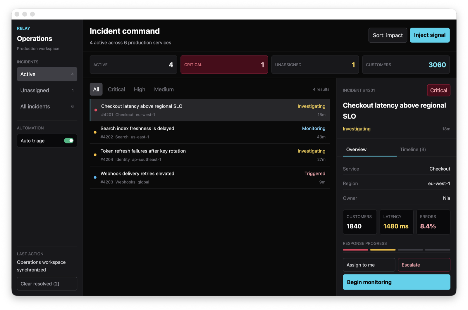 Incident Console showing the incident queue, operational metrics, and selected incident details